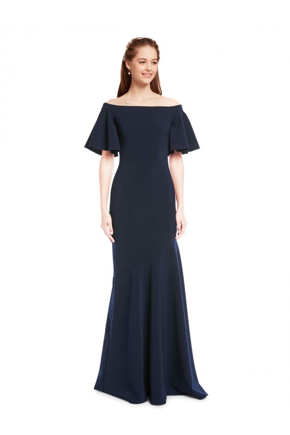 Off the Shoulder Long Stretch Crepe Dark Navy Short Sleeves Bridesmaid Dress / Formal Dress Victoria