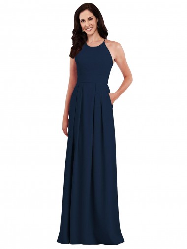 Halter Neck Long Stretch Crepe Dark Navy Sleeveless Semi Formal Evening Dress / Bridesmaid Dress Victoria