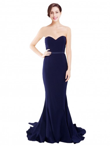 Strapless Sweep Train Stretch Crepe Dark Navy Sleeveless Semi Formal Evening Dress / Prom Dress / Bridesmaid Dress Victoria