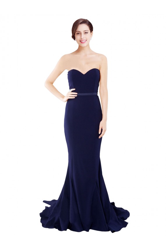 Strapless Sweep Train Stretch Crepe Dark Navy Sleeveless Semi Formal Evening Dress / Prom Dress / Bridesmaid Dress Victoria
