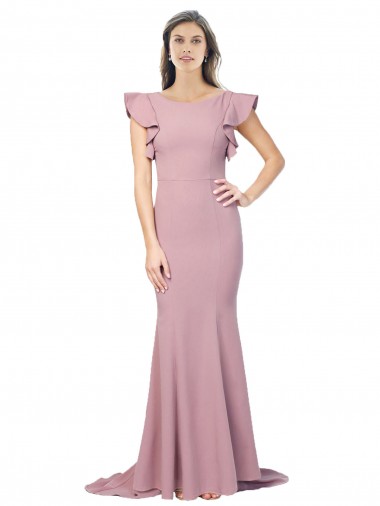 Round Neck Sweep Train Stretch Crepe Dusty Pink Flutter Sleeves Formal Evening Gown / Prom Dress / Bridesmaid Dress Victoria