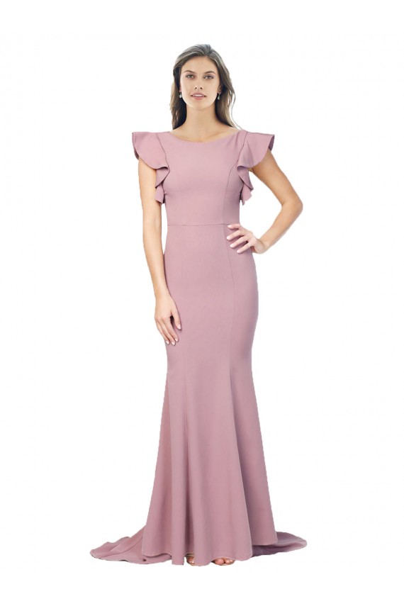 Round Neck Sweep Train Stretch Crepe Dusty Pink Flutter Sleeves Formal Evening Gown / Prom Dress / Bridesmaid Dress Victoria