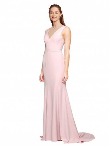 V-Neck Sweep Train Stretch Crepe Pink Sleeveless Black Tie Evening Dress / Prom Dress / Bridesmaid Dress Victoria