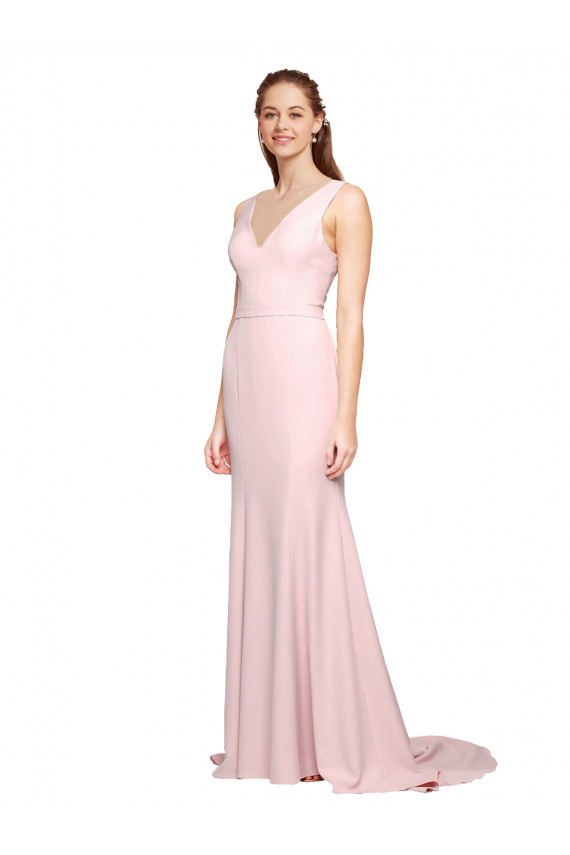 V-Neck Sweep Train Stretch Crepe Pink Sleeveless Black Tie Evening Dress / Prom Dress / Bridesmaid Dress Victoria