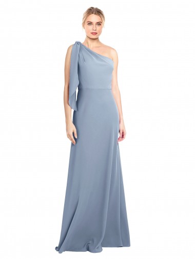 One Shoulder Long Stretch Crepe Smoke Blue Flutter Sleeves Formal Dress / Bridesmaid Dress Victoria