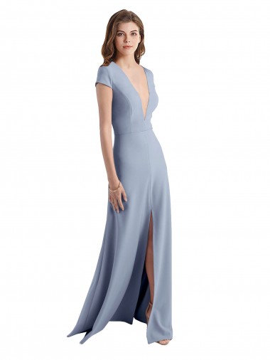 High Neck Long Stretch Crepe Smoke Blue Cap Sleeves Prom Dress / Bridesmaid Dress Victoria