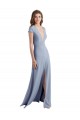 High Neck Long Stretch Crepe Smoke Blue Cap Sleeves Prom Dress / Bridesmaid Dress Victoria