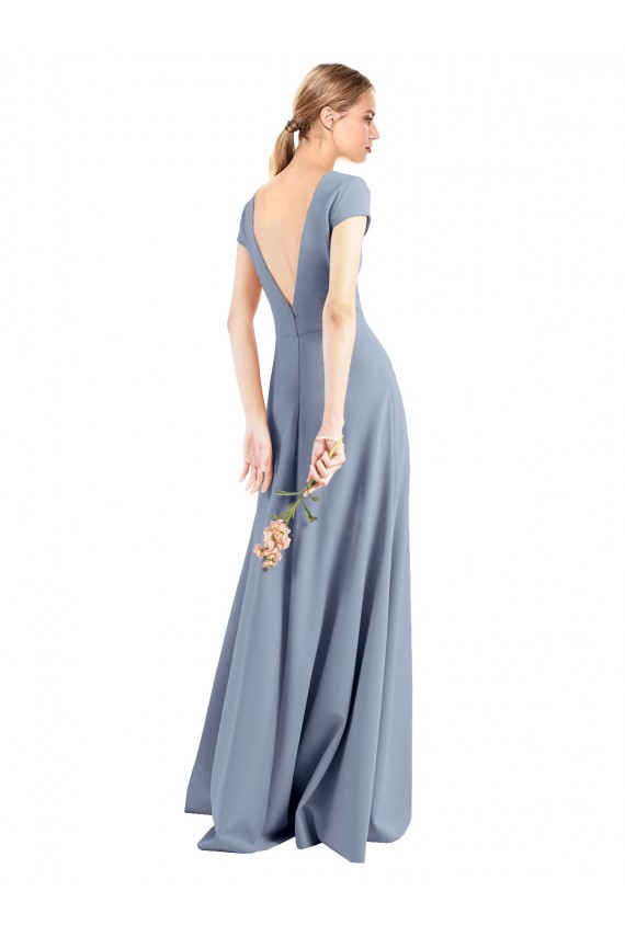 High Neck Long Stretch Crepe Smoke Blue Cap Sleeves Prom Dress / Bridesmaid Dress Victoria