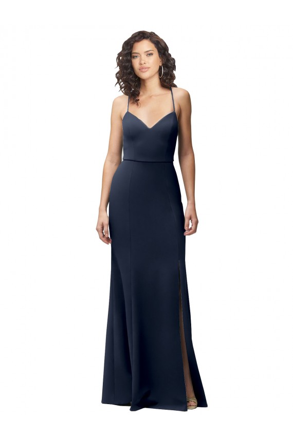 High Neck Long Stretch Crepe Dark Navy Sheath Sleeveless Formal Evening Gown / Prom Dress / Bridesmaid Dress Victoria