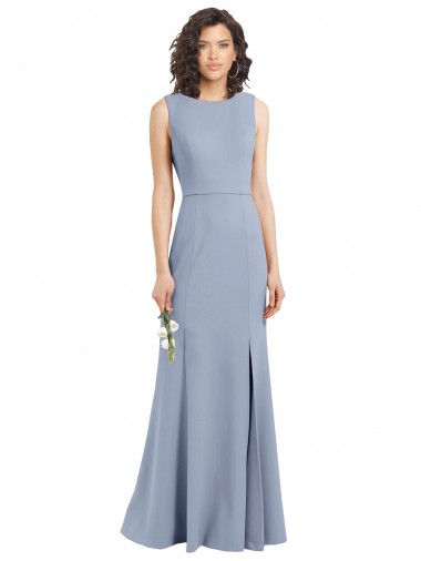 High Neck Long Stretch Crepe Smoke Blue Sleeveless Bridesmaid Dress Victoria