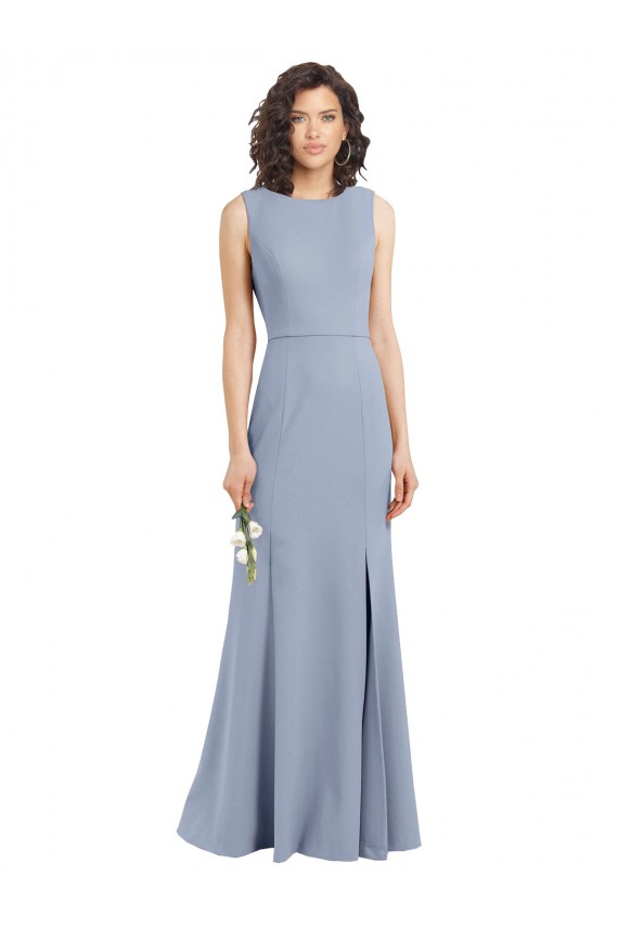 High Neck Long Stretch Crepe Smoke Blue Sleeveless Bridesmaid Dress Victoria