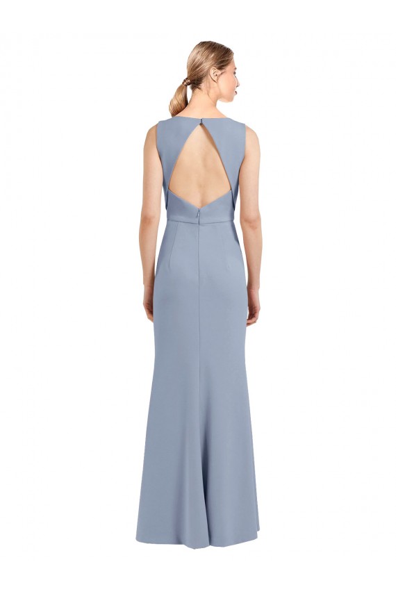 High Neck Long Stretch Crepe Smoke Blue Sleeveless Bridesmaid Dress Victoria
