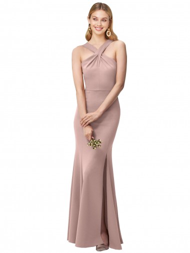 High Neck Long Stretch Crepe Dusty Pink Sheath Sleeveless Prom Dress / Bridesmaid Dress Victoria