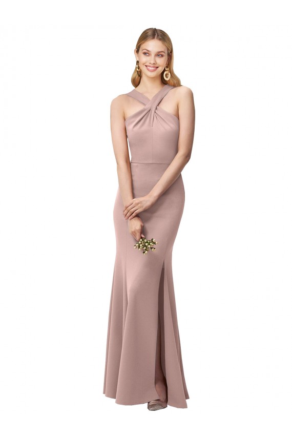 High Neck Long Stretch Crepe Dusty Pink Sheath Sleeveless Prom Dress / Bridesmaid Dress Victoria