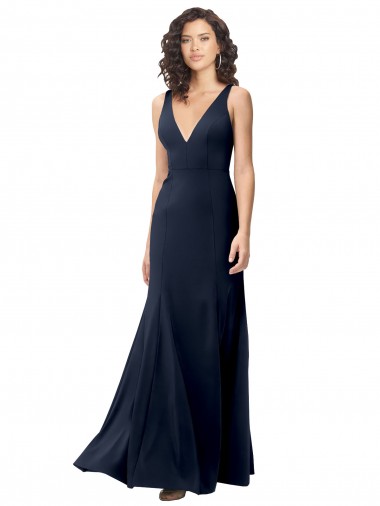 High Neck Long Stretch Crepe Dark Navy V-Neck Sleeveless Formal Dress / Bridesmaid Dress Victoria