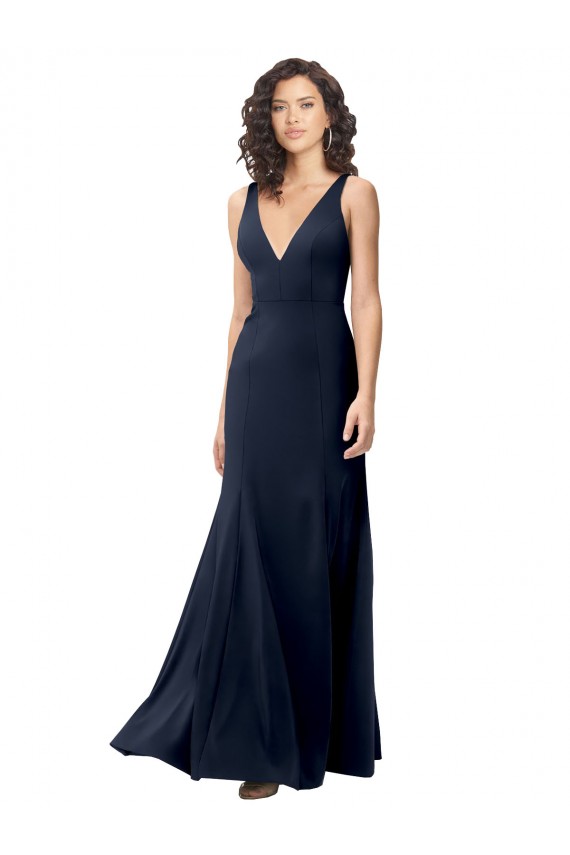 High Neck Long Stretch Crepe Dark Navy V-Neck Sleeveless Formal Dress / Bridesmaid Dress Victoria