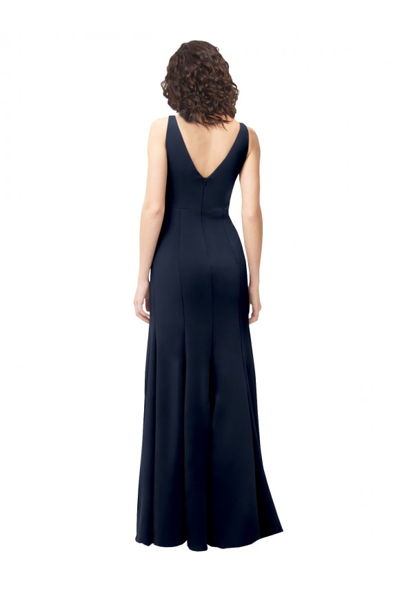High Neck Long Stretch Crepe Dark Navy V-Neck Sleeveless Formal Dress / Bridesmaid Dress Victoria