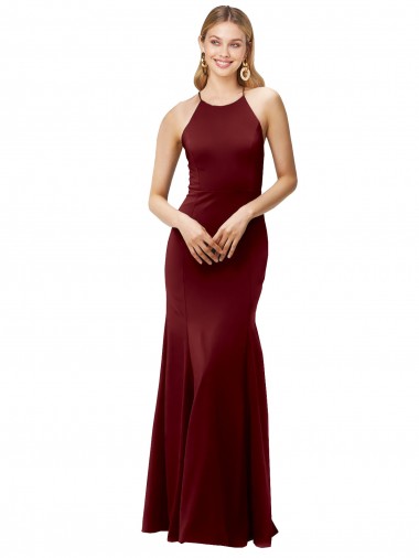 High Neck Long Stretch Crepe Burgundy Gold Sleeveless Formal Evening Gown / Prom Dress / Bridesmaid Dress Victoria