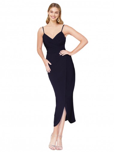 High Neck Knee Length Stretch Crepe Dark Navy Sleeveless Formal Dress / Bridesmaid Dress Victoria