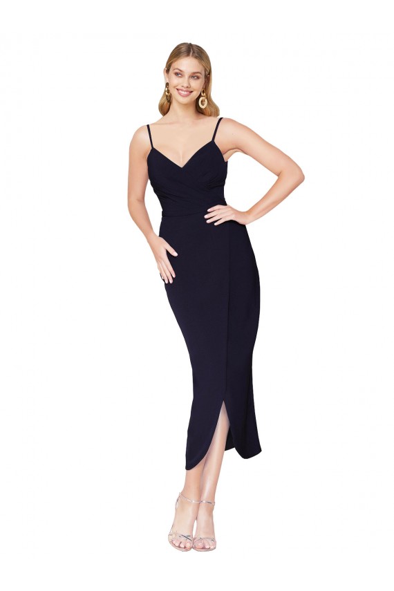 High Neck Knee Length Stretch Crepe Dark Navy Sleeveless Formal Dress / Bridesmaid Dress Victoria