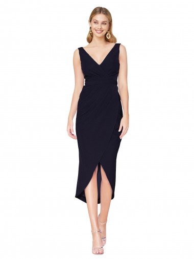 High Neck Knee Length Stretch Crepe Dark Navy Sleeveless High Low Evening Gown / Prom Dress / Bridesmaid Dress Victoria