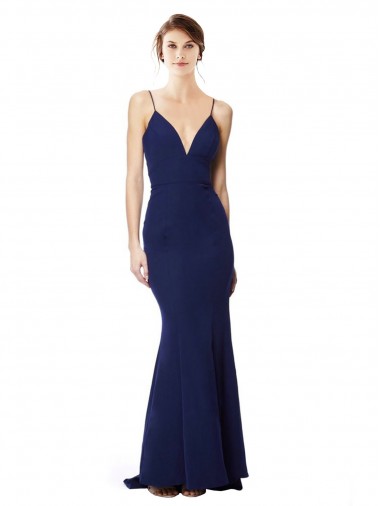 High Neck Long Stretch Crepe Navy Blue Sleeveless Formal Dress / Bridesmaid Dress Victoria