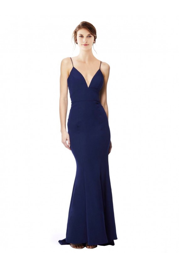 High Neck Long Stretch Crepe Navy Blue Sleeveless Formal Dress / Bridesmaid Dress Victoria