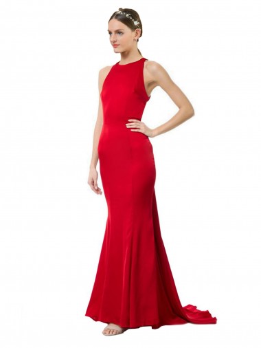 High Neck Long Stretch Crepe Red Sleeveless Formal Evening Gown / Bridesmaid Dress Victoria