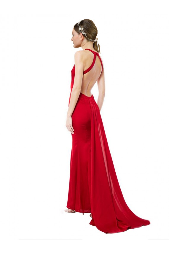 High Neck Long Stretch Crepe Red Sleeveless Formal Evening Gown / Bridesmaid Dress Victoria