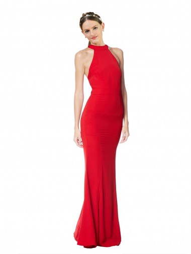 High Neck Long Stretch Crepe Red Sleeveless Prom Dress / Bridesmaid Dress Victoria