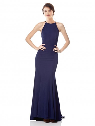 High Neck Long Stretch Crepe Navy Blue Sleeveless Bridesmaid Dress / Formal Dress Victoria