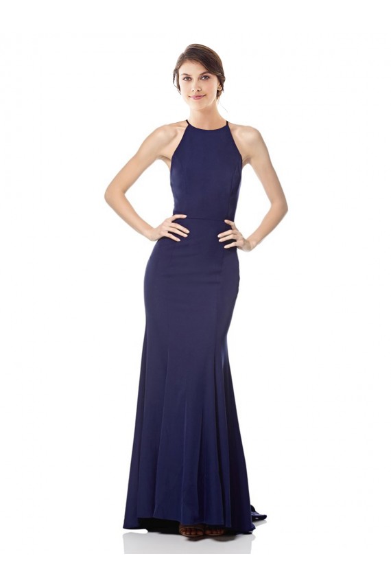 High Neck Long Stretch Crepe Navy Blue Sleeveless Bridesmaid Dress / Formal Dress Victoria
