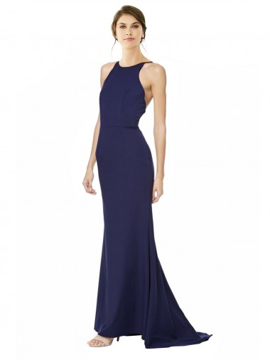 High Neck Long Stretch Crepe Navy Blue Sleeveless Formal Evening Gown / Prom Dress / Bridesmaid Dress Victoria