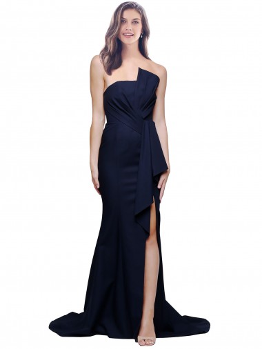 Strapless Sweep Train Stretch Crepe Dark Navy Sheath Sleeveless Semi Formal Evening Dress / Prom Dress / Bridesmaid Dress Victoria