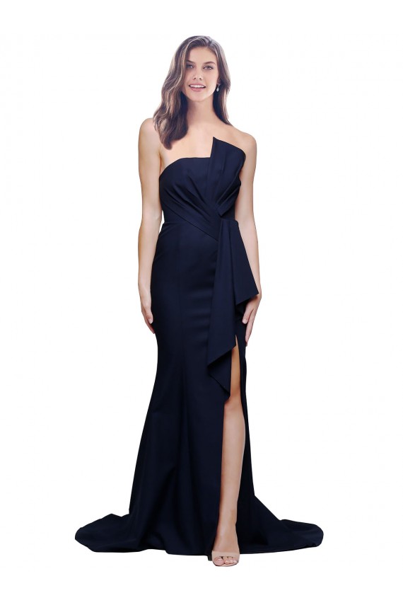 Strapless Sweep Train Stretch Crepe Dark Navy Sheath Sleeveless Semi Formal Evening Dress / Prom Dress / Bridesmaid Dress Victoria