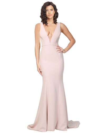 V-Neck Sweep Train Stretch Crepe Pink Sleeveless Black Tie Evening Gown / Prom Dress / Bridesmaid Dress Victoria