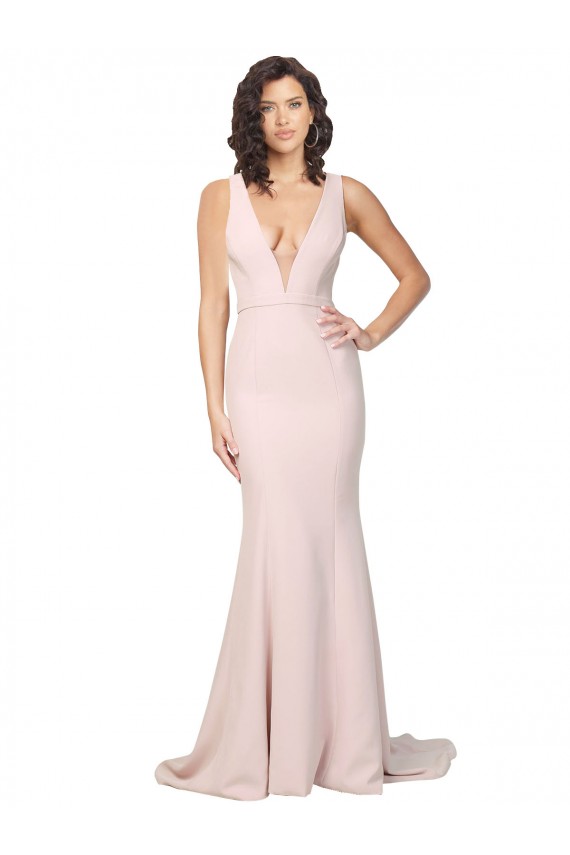 V-Neck Sweep Train Stretch Crepe Pink Sleeveless Black Tie Evening Gown / Prom Dress / Bridesmaid Dress Victoria