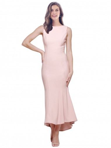 High Neck Midi Length Stretch Crepe Pink Sleeveless High Low Evening Gown / Prom Dress / Bridesmaid Dress Victoria