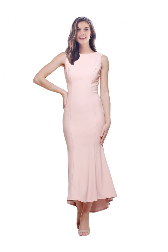 High Neck Midi Length Stretch Crepe Pink Sleeveless High Low Evening Gown / Prom Dress / Bridesmaid Dress Victoria