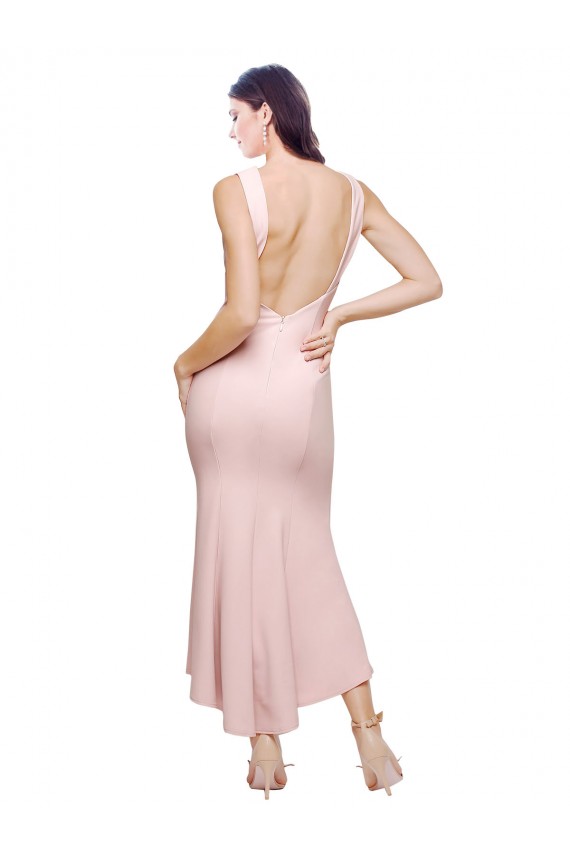 High Neck Midi Length Stretch Crepe Pink Sleeveless High Low Evening Gown / Prom Dress / Bridesmaid Dress Victoria