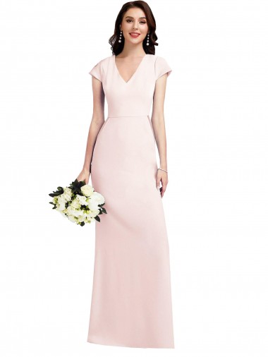 V-Neck Long Stretch Crepe Pink Cap Sleeves Formal Evening Gown / Prom Dress / Bridesmaid Dress Victoria