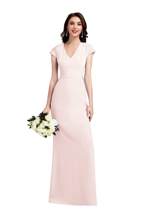 V-Neck Long Stretch Crepe Pink Cap Sleeves Formal Evening Gown / Prom Dress / Bridesmaid Dress Victoria