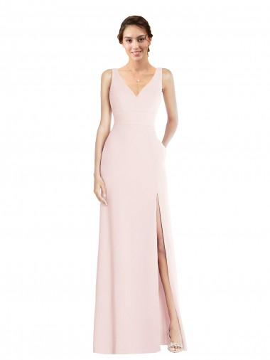 V-Neck Long Stretch Crepe Pink Sleeveless Black Tie Evening Dress / Prom Dress / Bridesmaid Dress Victoria