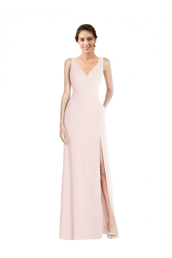 V-Neck Long Stretch Crepe Pink Sleeveless Black Tie Evening Dress / Prom Dress / Bridesmaid Dress Victoria