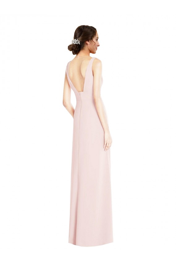 V-Neck Long Stretch Crepe Pink Sleeveless Black Tie Evening Dress / Prom Dress / Bridesmaid Dress Victoria