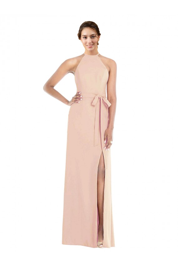 Halter Neck Long Stretch Crepe Nude Sleeveless Formal Evening Gown / Prom Dress / Bridesmaid Dress Victoria
