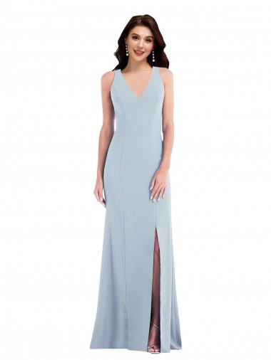 V-Neck Long Stretch Crepe Light Sky Blue Sleeveless Evening Dress / Bridesmaid Dress Victoria