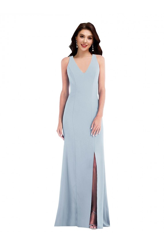V-Neck Long Stretch Crepe Light Sky Blue Sleeveless Evening Dress / Bridesmaid Dress Victoria