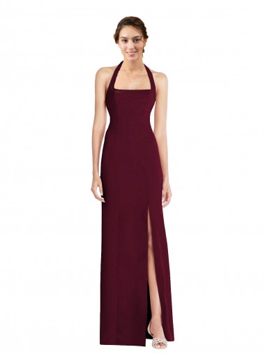 Halter Neck Long Stretch Crepe Burgundy Gold Sleeveless Semi Formal Evening Dress / Prom Dress / Bridesmaid Dress Victoria