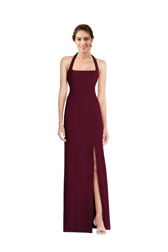 Halter Neck Long Stretch Crepe Burgundy Gold Sleeveless Semi Formal Evening Dress / Prom Dress / Bridesmaid Dress Victoria